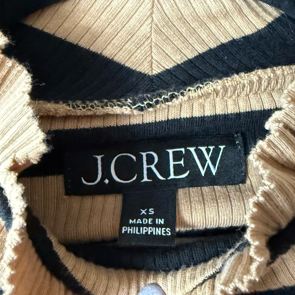 J.Crew Montauk Stripe Ribbed Mockneck XS Sand Black Breton Ruffle Trim - Picture 15 of 16